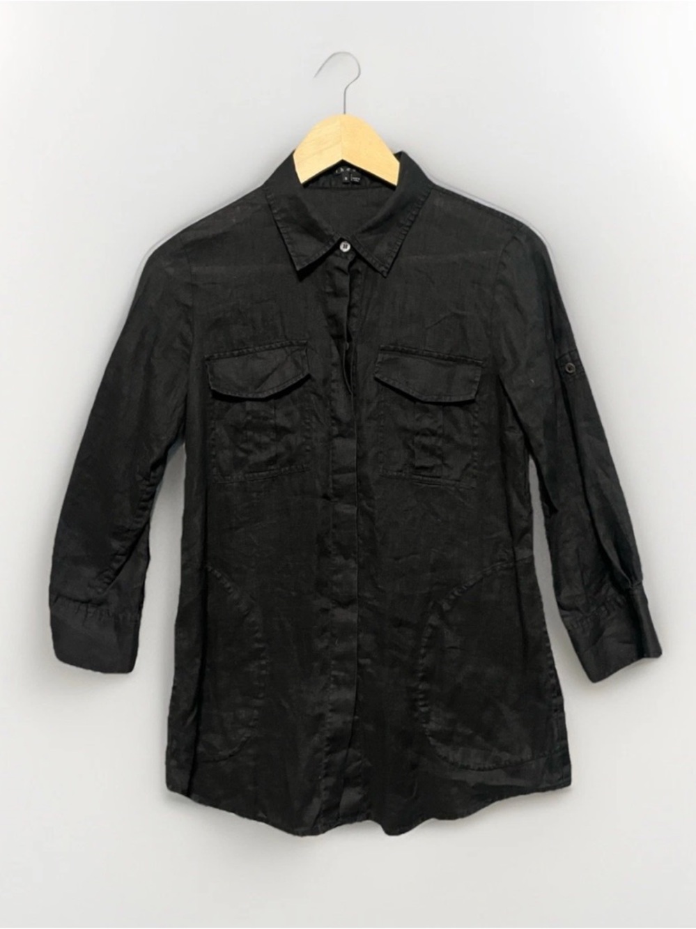 theory women’s linen shirt tunic top black S button up long roll tab sleeve